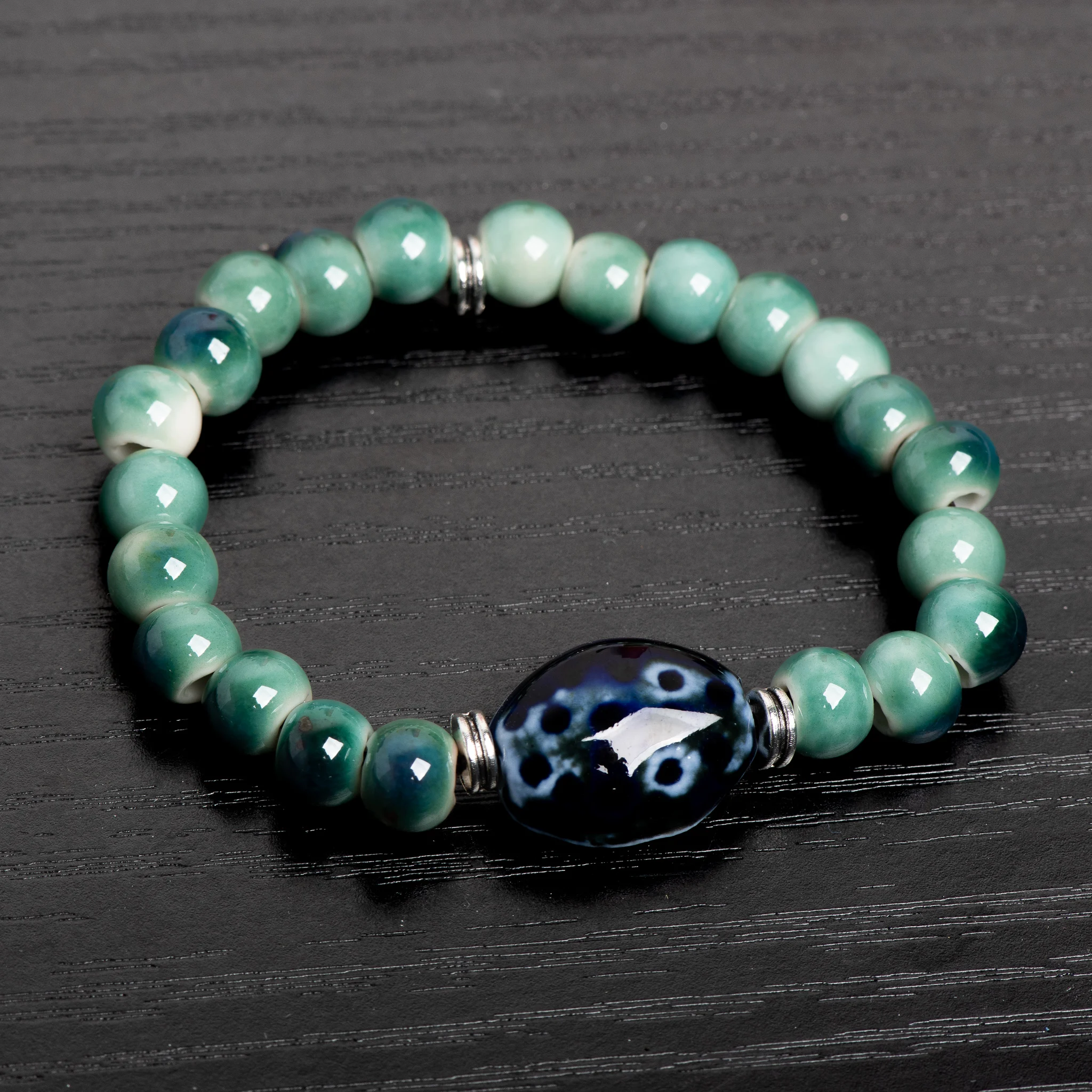 Green Ceramic Beaded Bracelet Handmade Stretch Bracelet with Blue Accent Stone Unisex Jewelry Vintage Style