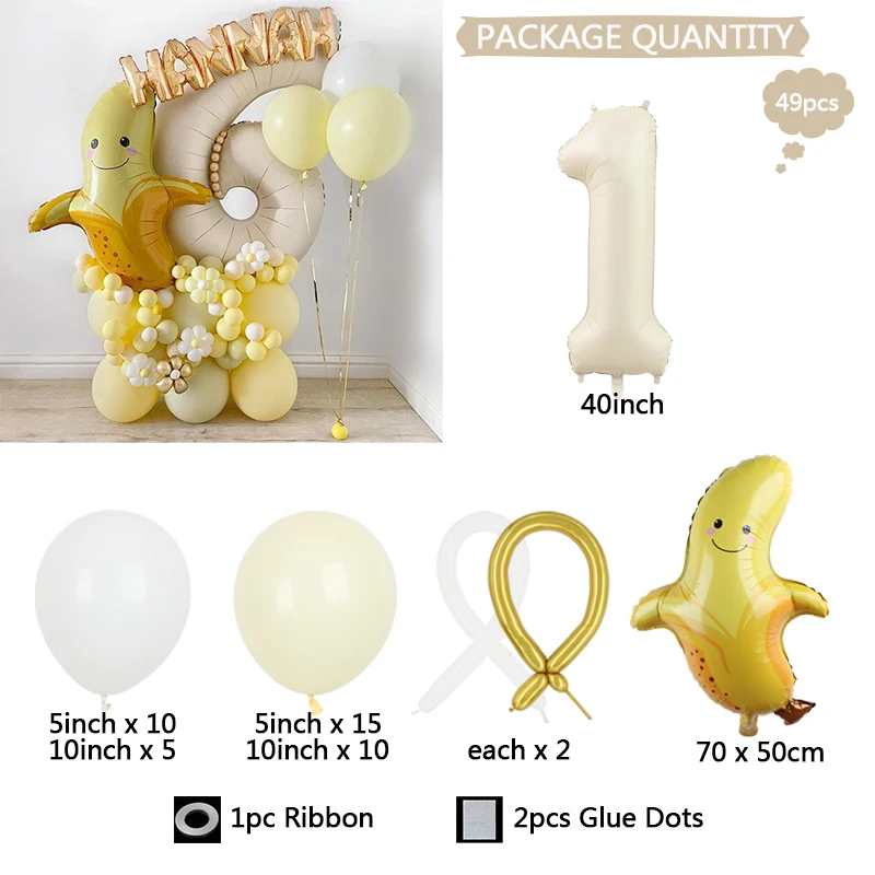 49pcs Fruit Banana Theme Foil Balloons Garland Arch Kit 40inch Cream White Number Ball Happy Birthday Party Baby Shower Decors