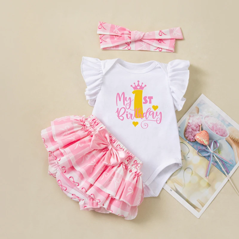 

Baby Girl First Birthday Outfit Flying Sleeves 1st Birthday Bodysuit Ruffle Bloomer Headband Set Pink Litter Girl Summer Clothes