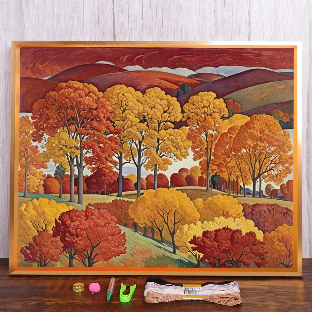 

Landscape Autumn Printed Cross Stitch DIY Embroidery Complete Kit Needlework Craft Handmade Handiwork Floss Wholesale Home Decor