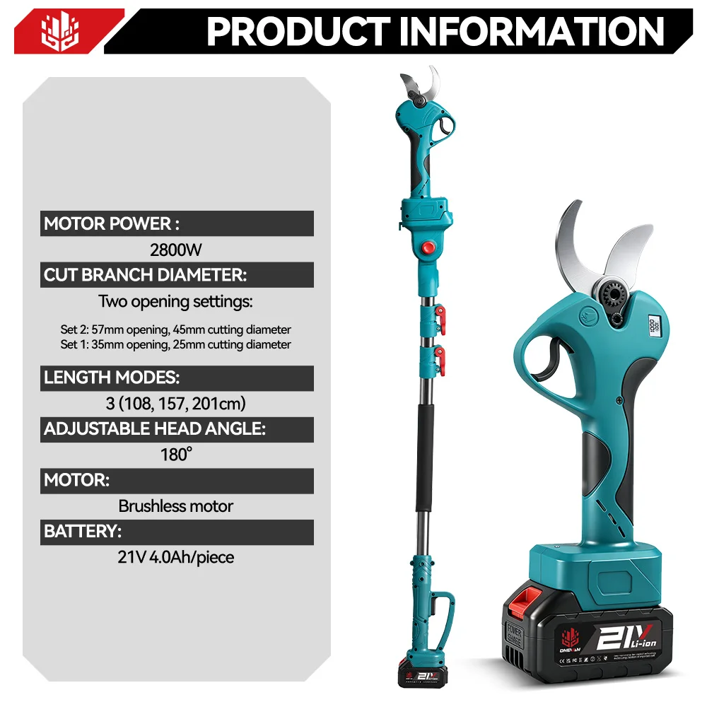 ONEVAN 45MM Brushless Telescoping Pole Electric Pruning Shear 2 IN 1 High Branch Garden Power Tool For 21V 18V Battery