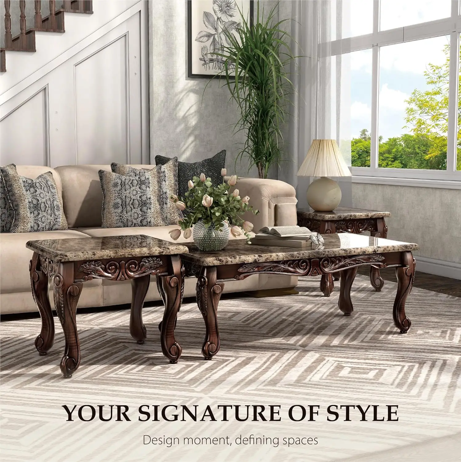 3-Piece Traditional Faux Marble Top Accent Tables Set, Dark Oak