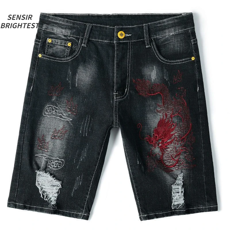 Summer Embroidered Eagle Denim Shorts Men\'s Summer Thin Fit Good Quality Ripped Five Points Pirate Shorts