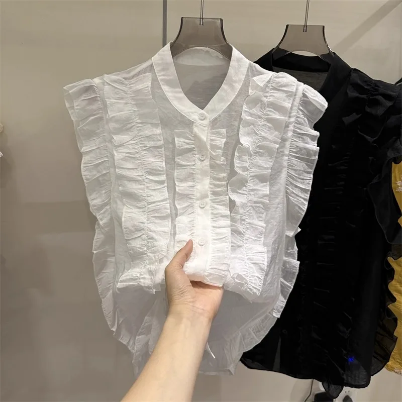 

Women's Shirt Wood Grain Sleeveless Floral Summer New Korean Style Stand Collar Small Flying Sleeve Blouse