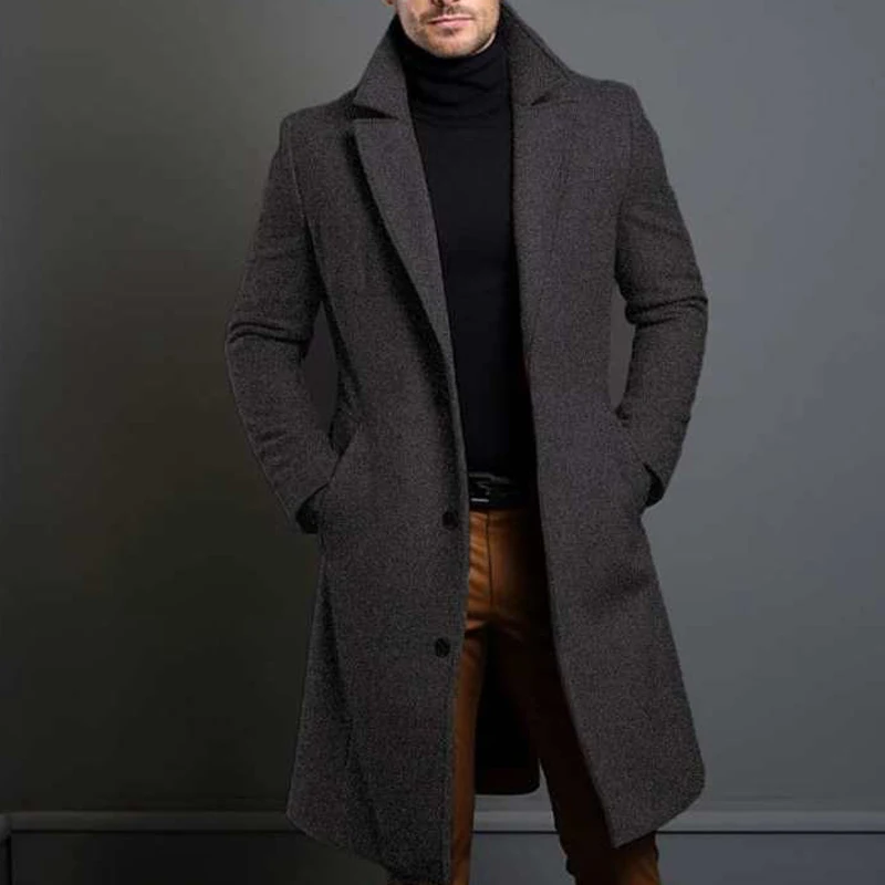 New Mens Mid Length Woolen Coat Winter Men's Single Breasted Wool Coat 2024 Mens Suit Collar Solid Color Office Pocket Jacket