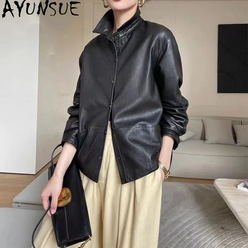 

AYUNSUE Real Leather Jacket Woman Fashion Casual Sheepskin Jacket Shirt Collar Black Outerwears Woman Clothes Spring Autumn