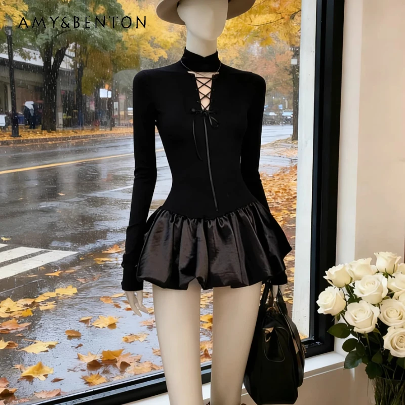 

Original Design Black Half-high Collar Hollow Out Lace-up Women's Dress 2026 Spring New Elegant Slimming Short Dresses Ladies