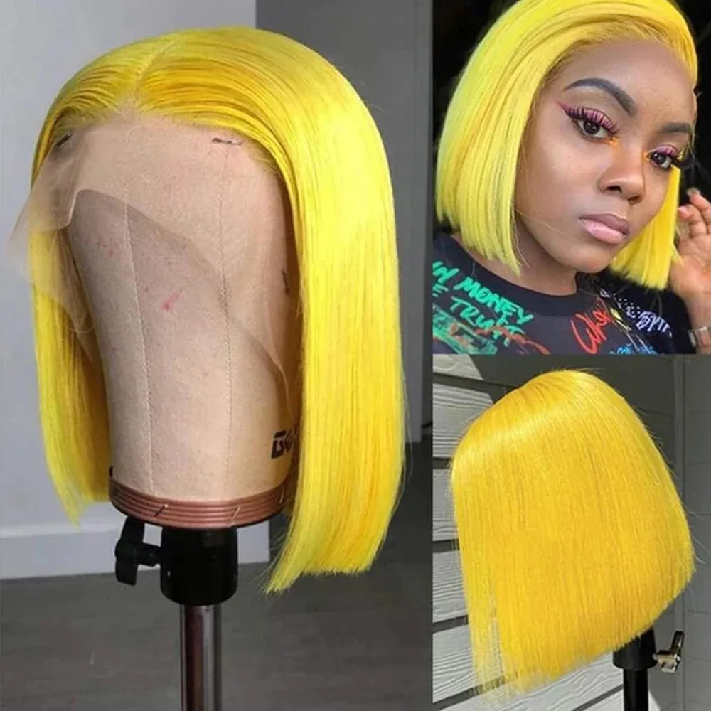 

14inch Yellow Short Bob Straight Synthetic Frontal Lace Wig HD Lace Preplucked 13x4 for Quick Delivery