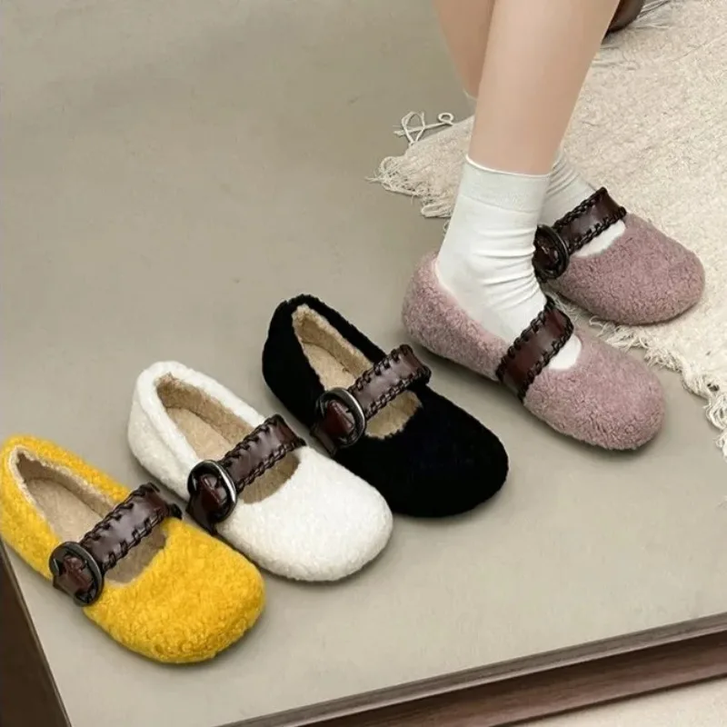 35-43 Large Flat Flat Casual Hairy Shoes for Outerwear Autumn/Winter Mary Jane Shoes One Step Off Lamb Wool Women's Cotton Shoes