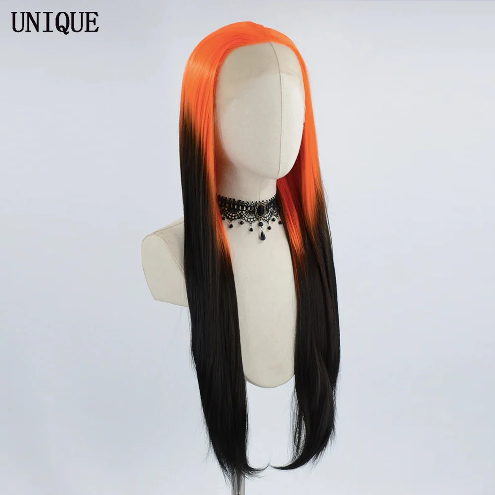 UNIQUEWIG Long Straight Synthetic Lace Front Wigs for Women Ombre Orange Black Wig Natural Hairline High Temperature Cosplay Wig