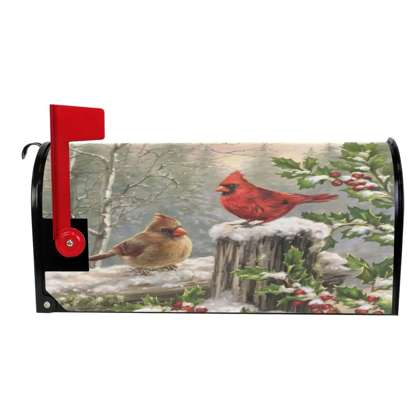 Winter Cardinal Birds Mailbox Cover Magnetic Mailbox Wrap Post Letter Box Cover Garden Home Christmas Decoration Standard Size