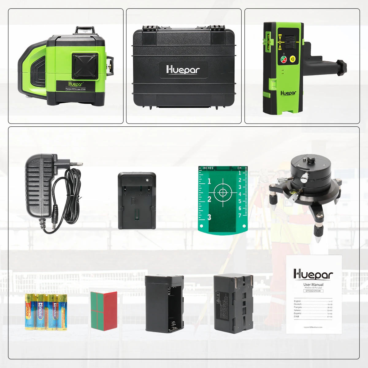 Huepar DT03CG 12 lijnen 3D laserwaterpas groene kruislijn 360 °   Verticale & horizontale zelfnivellerende laserwaterpas met dubbele hellingsfunctie - afbeelding 1