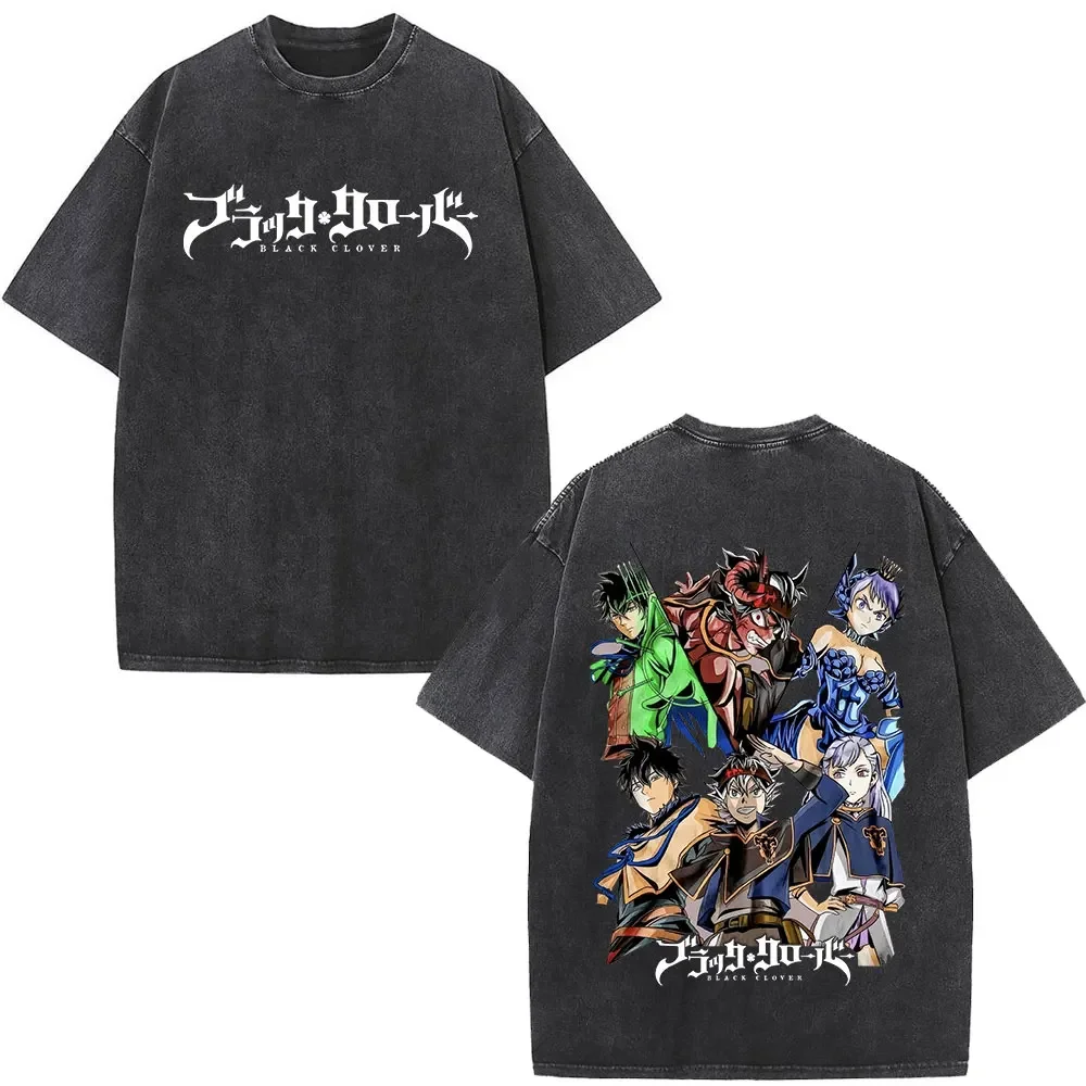 Black Clover All Characters Washed T-shirt Anime Harajuku Streetwear Oversized Tee Y2K Retro Otaku Casual Tops
