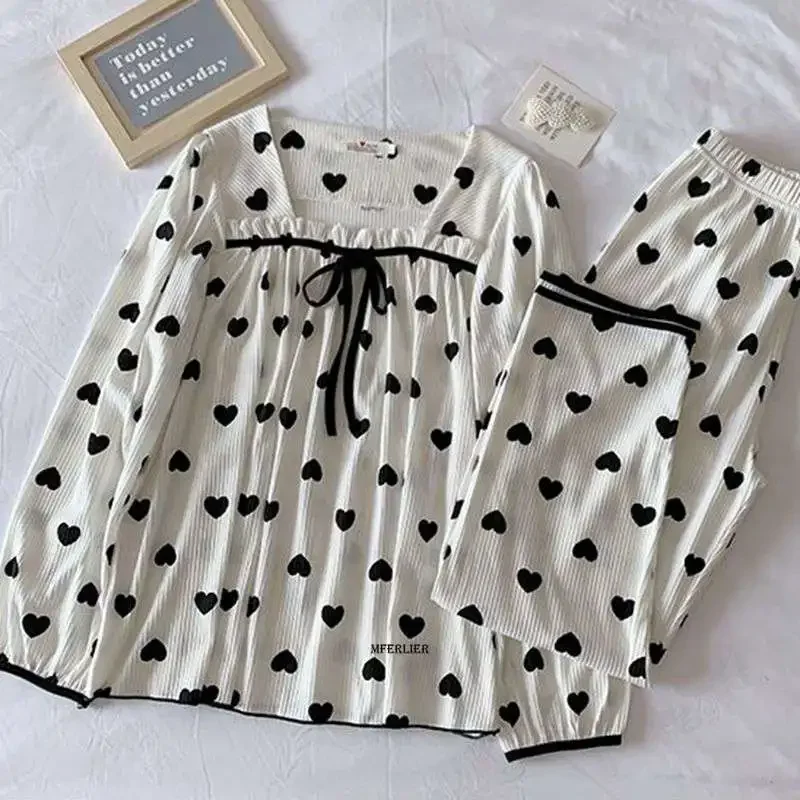 

5XL Pijama Spring Print Women Pants And Sleeve Pyjamas Size Sleepwear Large Long Plus Set Pajamas 150KG Heart Mujer Homewear