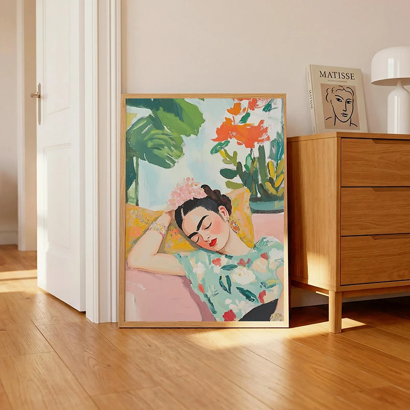 Mexico Woman Head with Flowers Sleeping on Sofa Canvas Painting F-K-Kahlos Poster Print Living Room Aesthetic Home Decor Cuadros