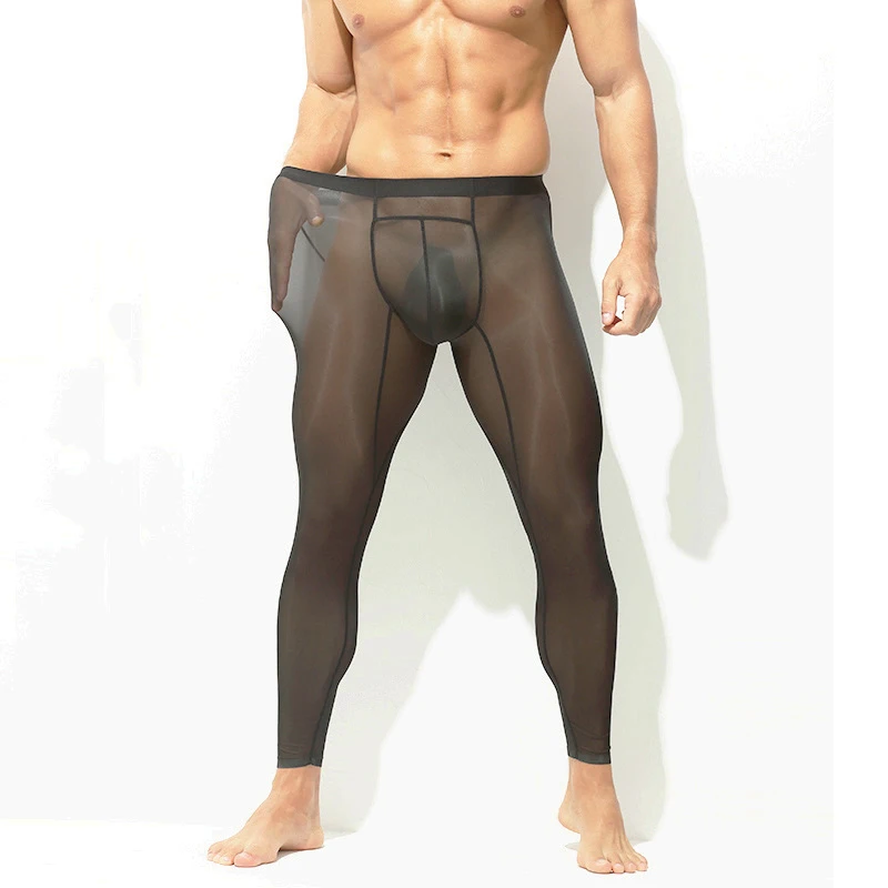 

Men Ultra Thin Breathable Long Johns Transparent Pants High-Elastic Man Leggings Stretchy U Convex Pouch Sweatpants Underwear