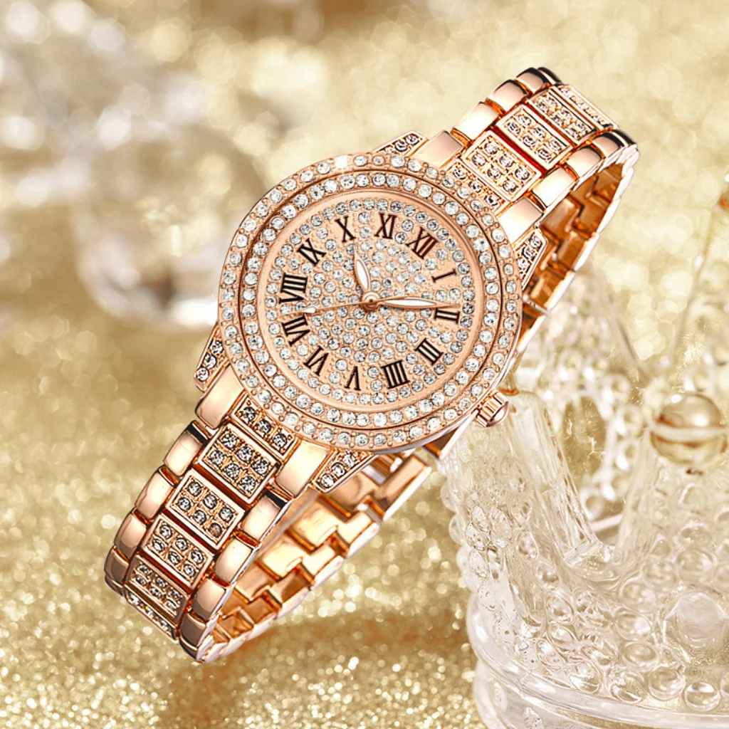 New Fashion Luxury Diamond Women Watches  Bracelet Set Cuban Stainless Steel Bracelet Ladies Wristwatches 2023 Jewelry Gifts