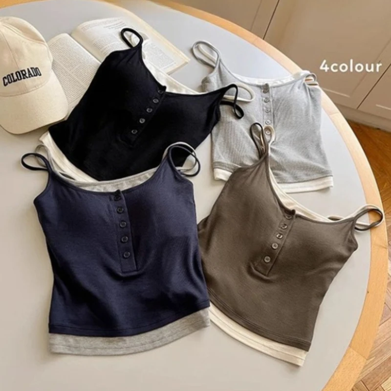 2026 Summer New Hot Girl Button Tank Top Color Block Spliced Mock Two Piece Women Camisole With Built-in Pads Outer Wear Camis
