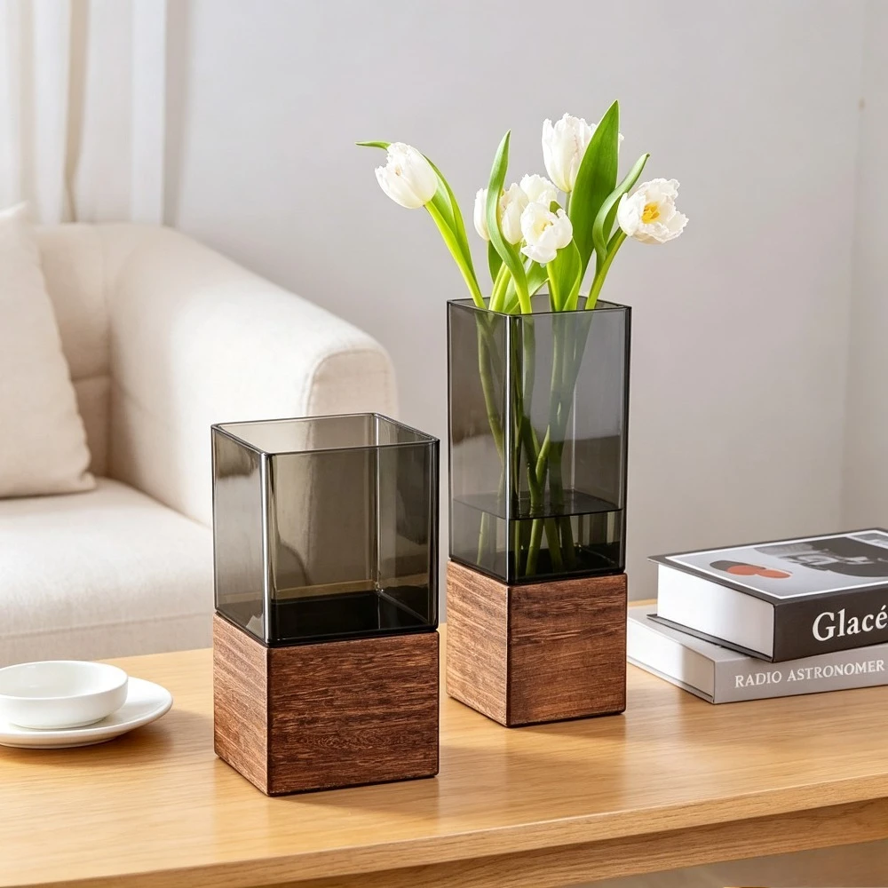 Minimalist Square Hydroponic Vase Wood Texture Base Flower Container Art Ornament Home Kitchen Living Room Party Decoration