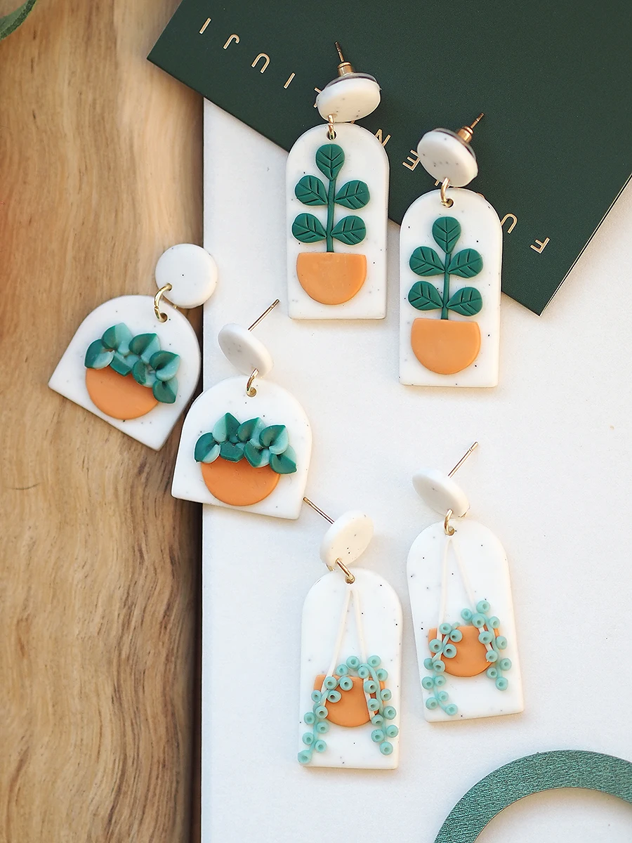 Handmade Polymer Clay Plant Earrings, Arch Dangle Drop, Potted & Hanging Vines, Lightweight Boho Fashion Jewelry for Women, Gift