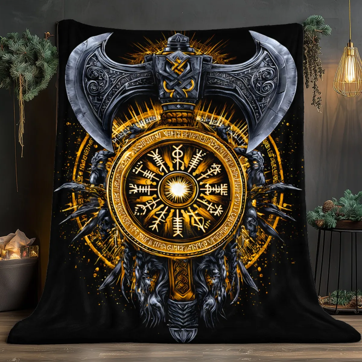 1pc White Throw Blanket with HD Black Axe & Compass Print, Cozy Warm Blanket for Travel, Camping, Sofa, Living Room and Chair