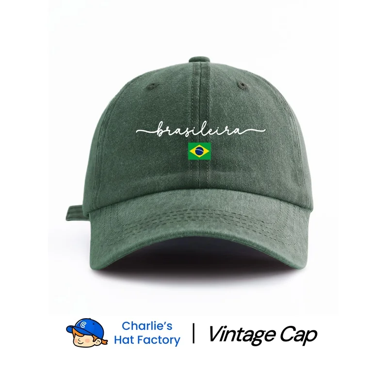 1 pc brasileira Print Washed Baseball Cap, Classic Casual Stylish Vintage Soft Sweatband Adjustable Size Lightweight