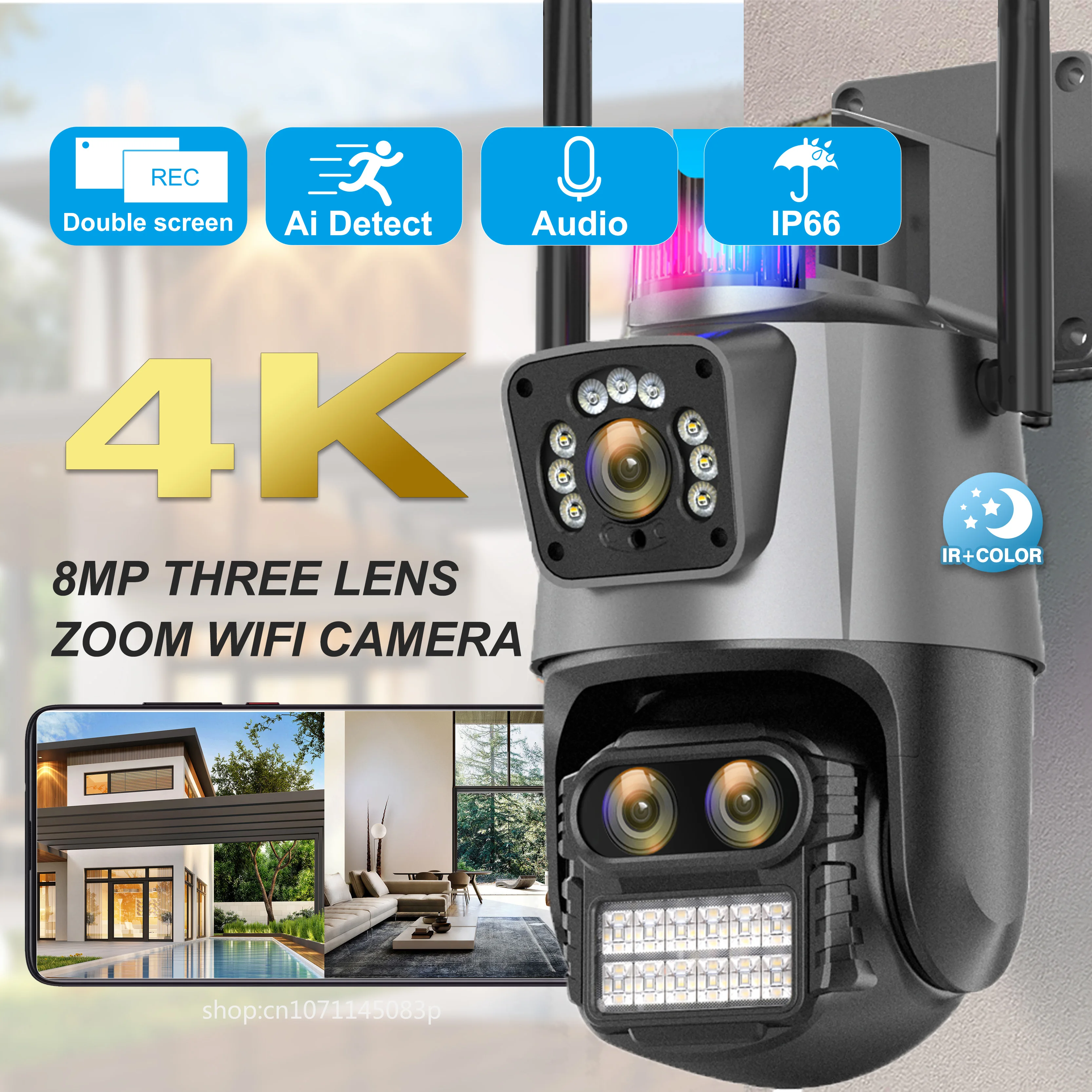 Cámara PTZ de 8MP con WiFi, Zoom Digital 8X, visión nocturna, pantallas duales, protección de seguridad de 4MP para exteriores, cámara IP de vigilancia CCTV