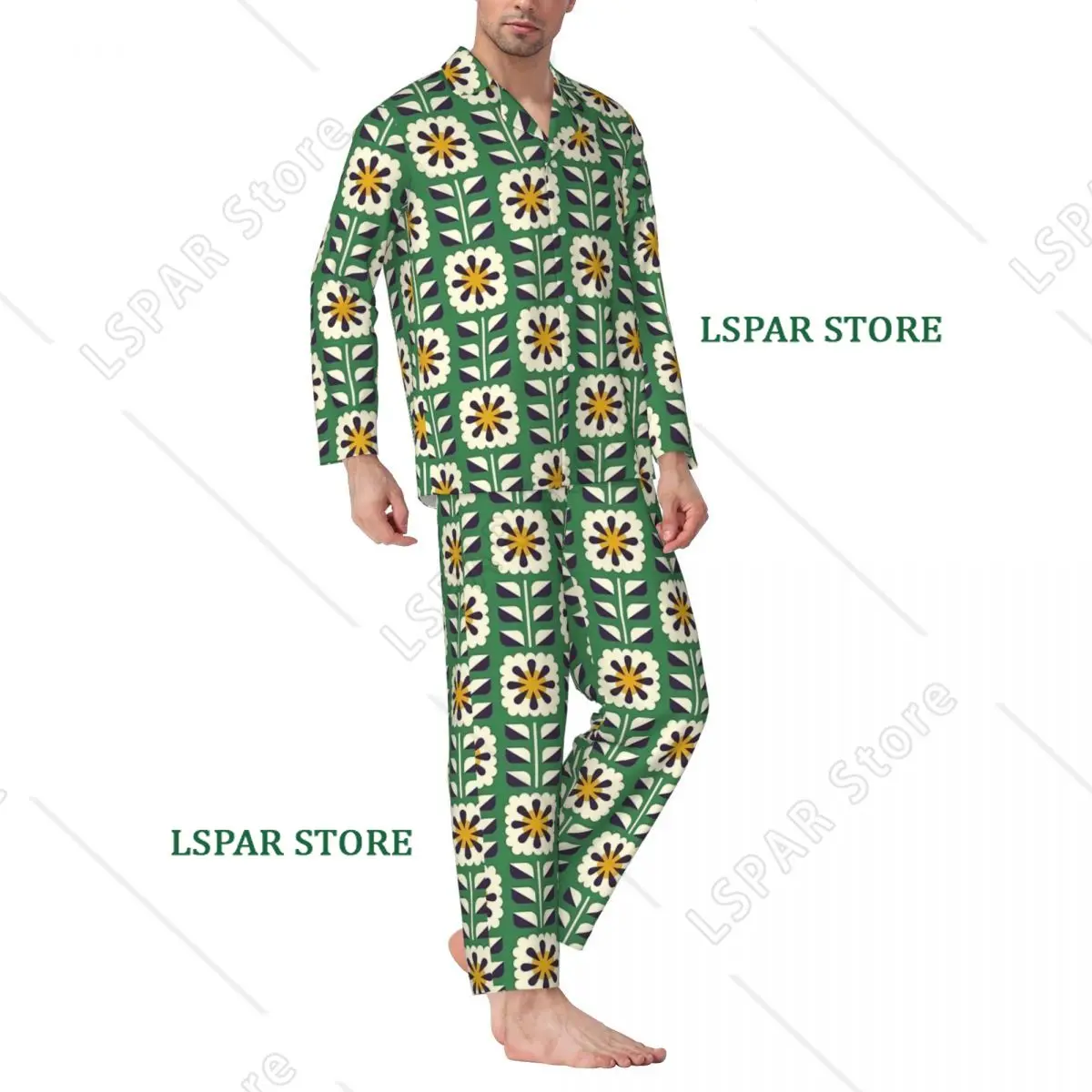 Folk Art Flowers Pajamas Mens Floral Print Trendy Bedroom Nightwear Spring Vintage Oversize Graphic Pajamas Set