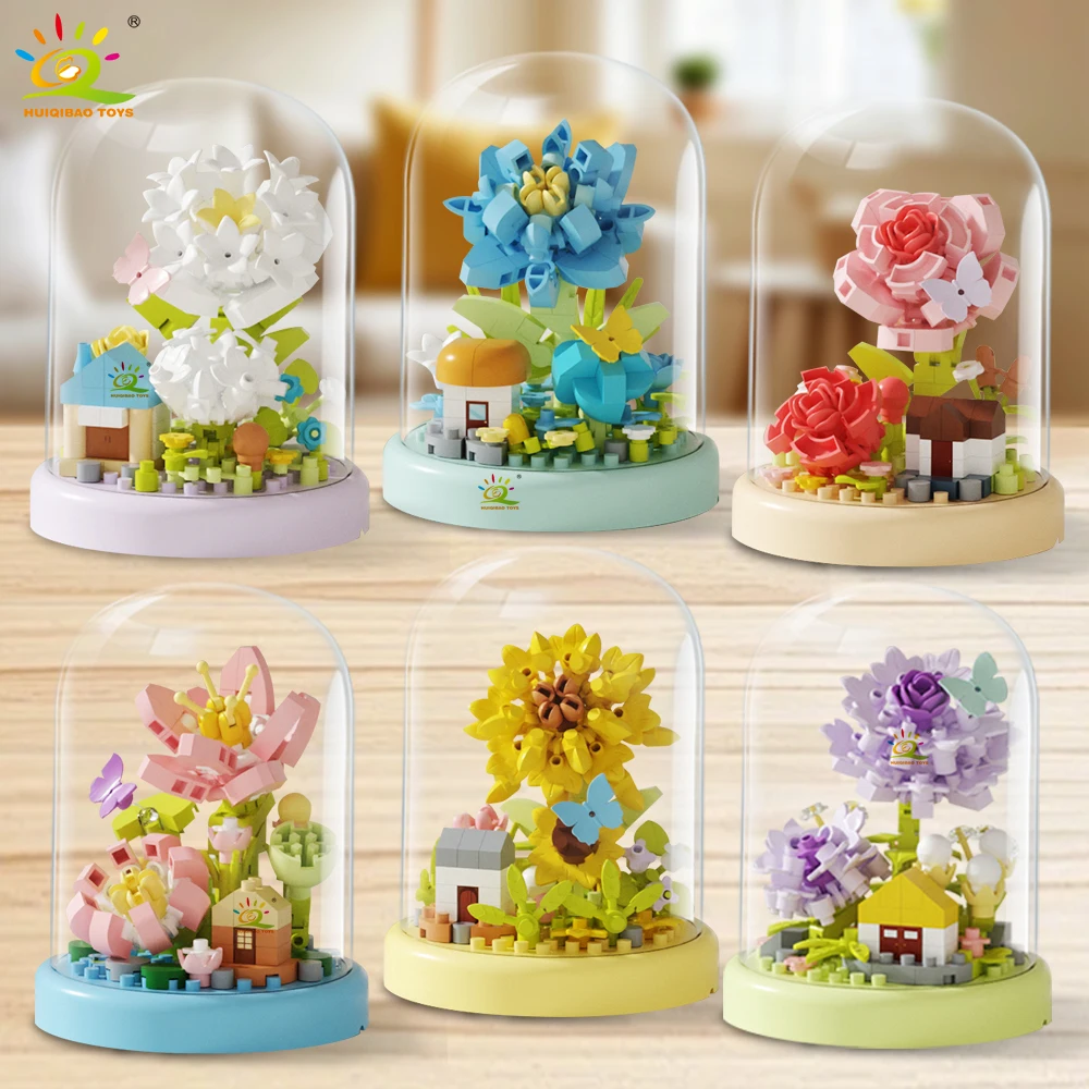 HUIQIBAO MOC Blumen-Display-Box, Mikro-Baustein, DIY Mini-Blume, Mini-Diamant-Modell, Ziegel, Spielzeug für Kinder, Schreibtisch-Dekoration