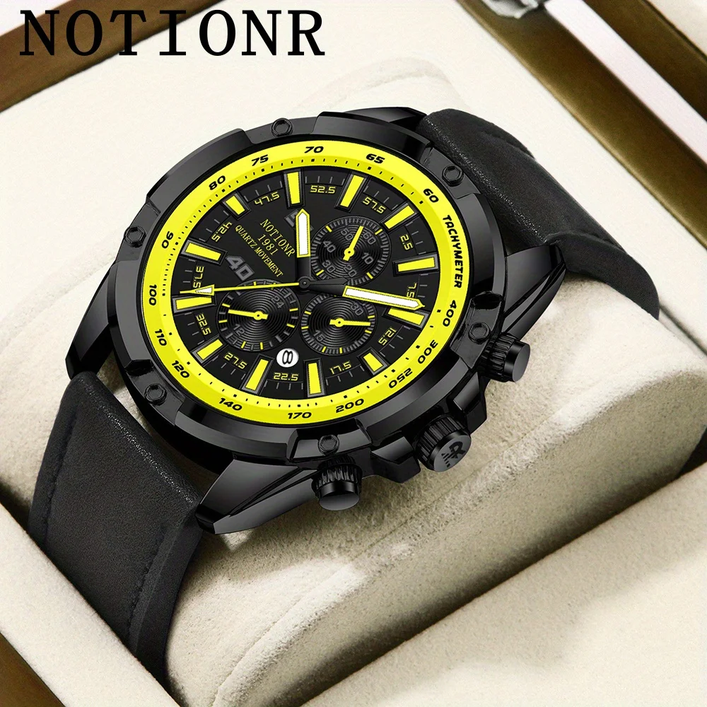 

NOTIONR мужские часы деловые мужские модные желтые циферблаты кварцевые часы с календарем аналоговые черные повседневные спортивные часы из искусственной кожи мужские