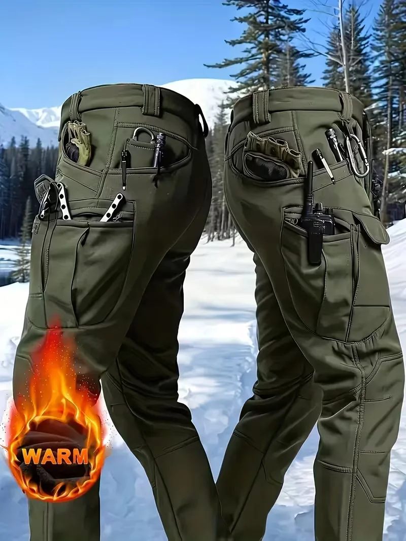 Men'S Multi-Pocket Fleece-Lined Work - Outdoor Thick Black Cargo- Elastic Waistband Winter Windproof Durable Tactical Long Pants
