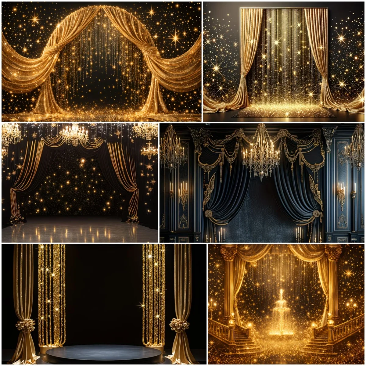 

Luxury Gold Stage Backdrop Decoration Sparkling Elegant Stage Crystal Chandelier Photography Background Wedding Birthday Banner
