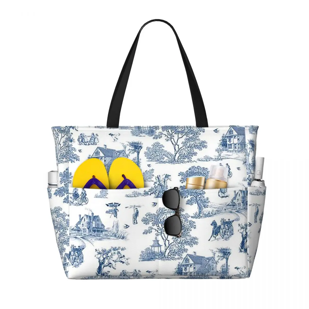 Toile De Jouy French Motif Beach Tote Bag Sport Gym Yoga Duffle Large Tote Bag Women Travel Bag Fitness bag