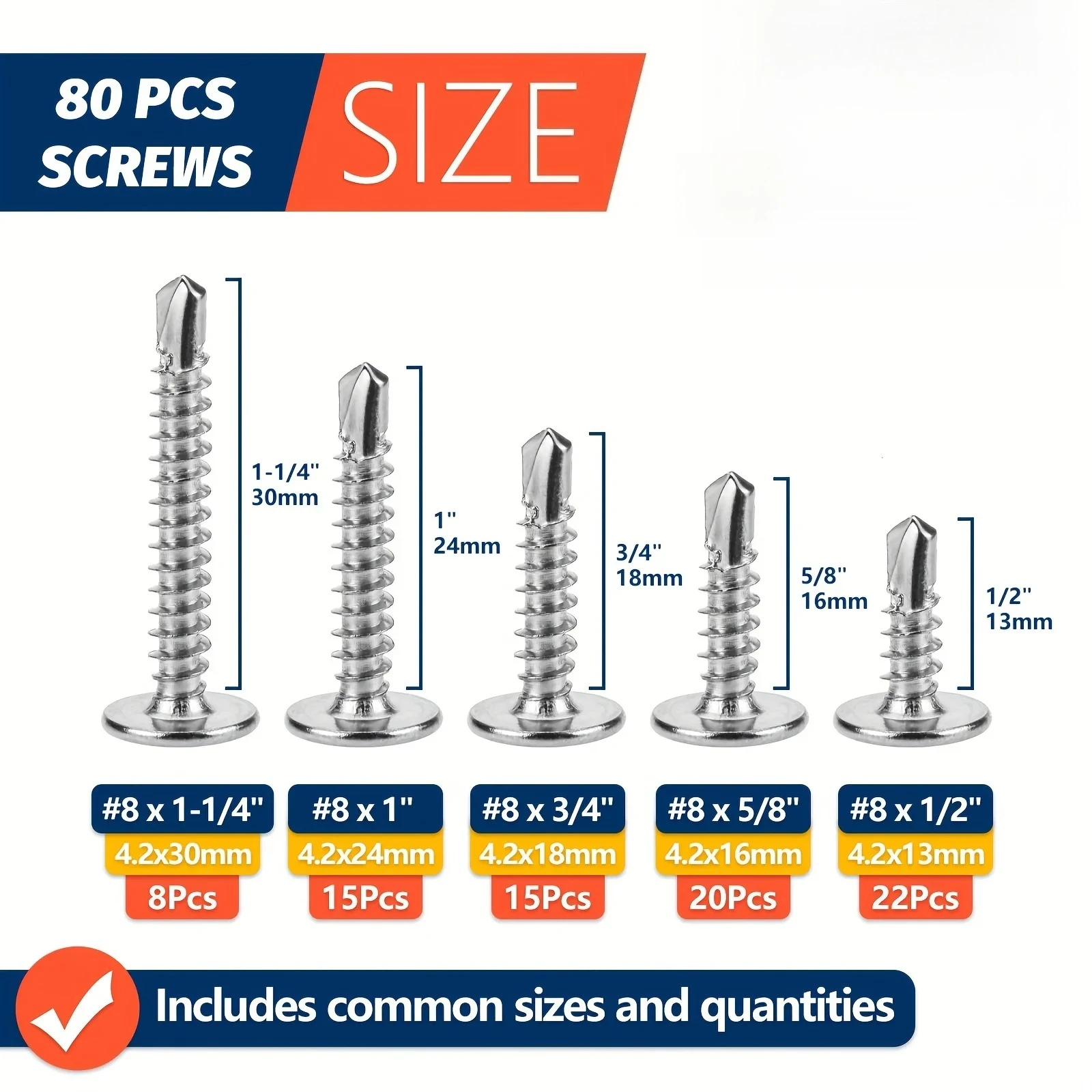 80pcs Modified Truss Head Sheet Metal Screws Assortment Kit Stainless Steel Self Tapping Drilling Screws for Metal Plastic Wood