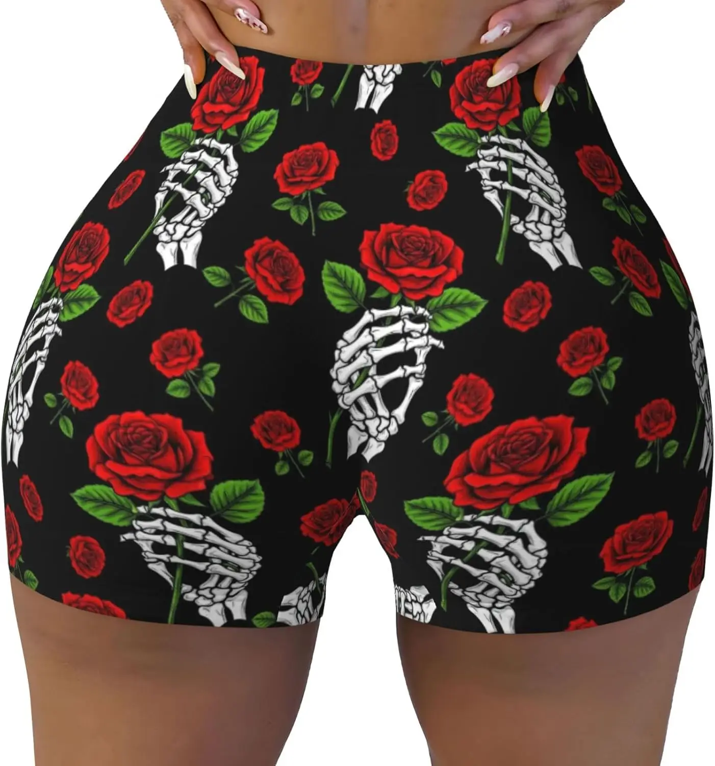 Pantaloncini da motociclista da donna per ragazze gotiche con rosa e teschio, a vita alta, per allenamento, pallavolo, yoga, pantaloncini in spandex morbidi