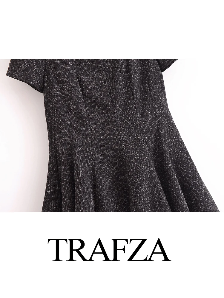 TRAFZA Women Summer Fashion Sexy Wide Hem Short Sleeve Boat Neck Dress Female Elegant Zip Pleated High Street Casual Mini Dress