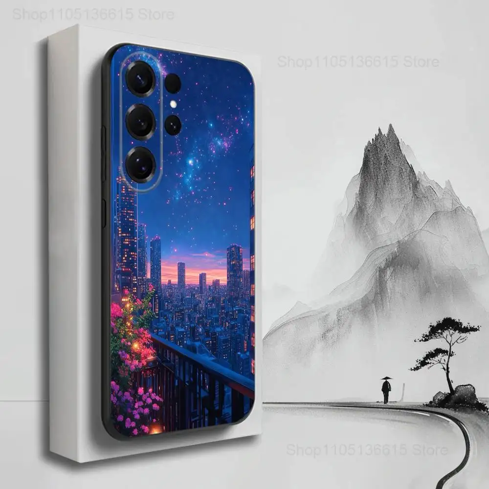 Capa de telefone com visão noturna de desenho animado azul para Samsung S25, S24, S23, S22, S21, S20, S10, S9, Ultra, Plus, Lite, FE, capa preta de silicone macio