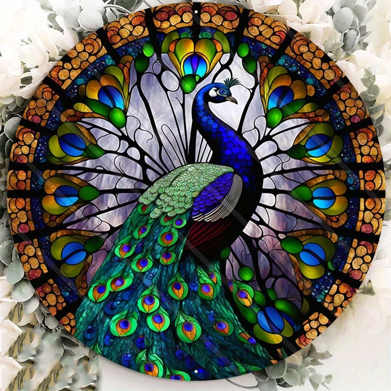 

1pc 8x8inch Aluminum Metal Sign Faux Stained Glass Peacock Everyday Welcome Elegant Peacock room decor vintage home decor