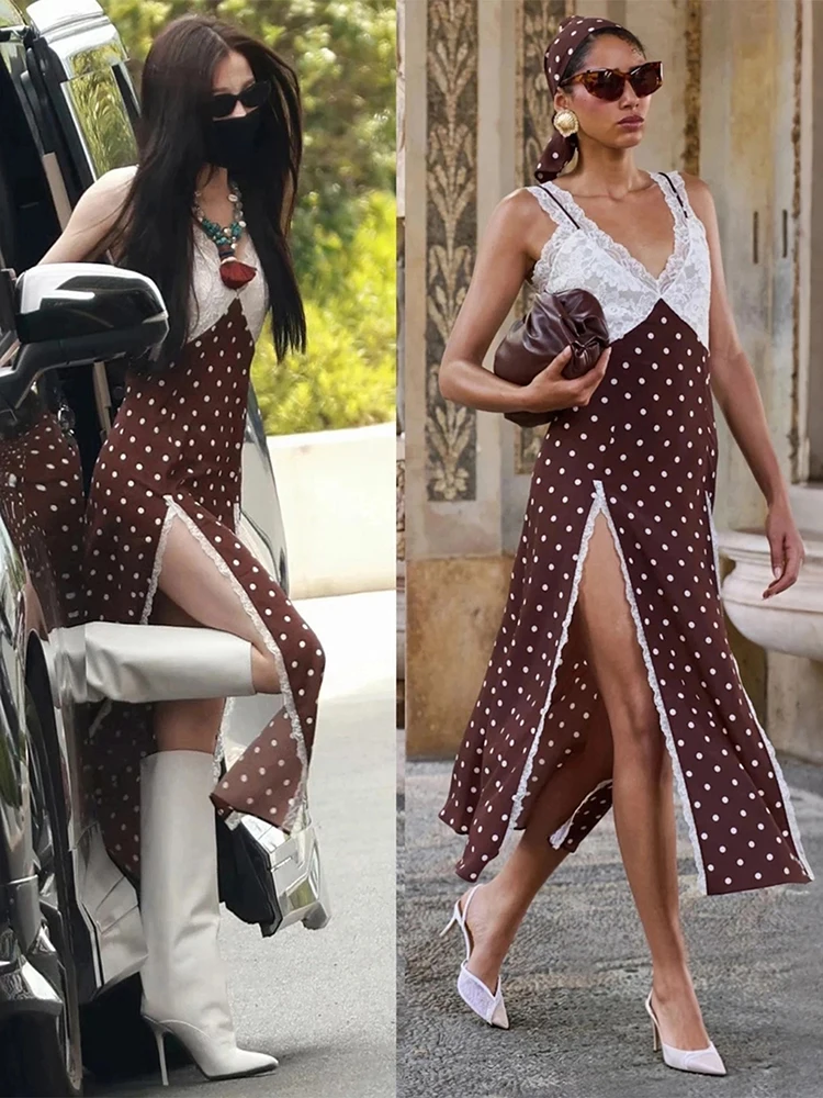 Weird Puss Maxikleid mit Polka-Dot-Print für Damen, Patchwork-Spitze, hoher Schlitz, V-Ausschnitt, ärmellos, Street-Fashion, Party, klassisches Vestido – Detail 22