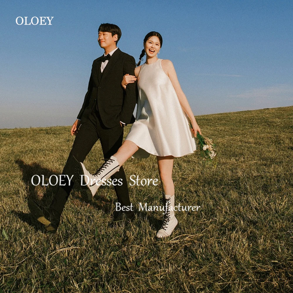 OLOEY Simple A Line corea Wedding Photo shoot abiti da festa o-collo Mini abiti da sposa in raso abito da sposa formale