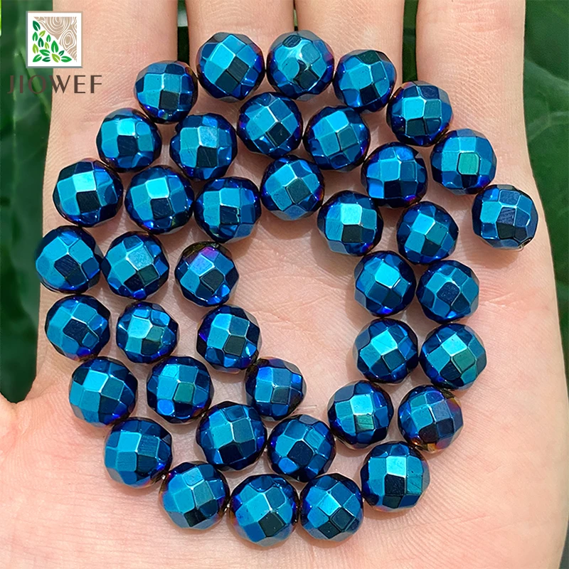 Natural Faceted Plated Blue Hematite Loose Round Beads For Jewelry Making DIY Charms Bracelet Necklace 15\'\'Strand 2/3/4/6/8/10mm