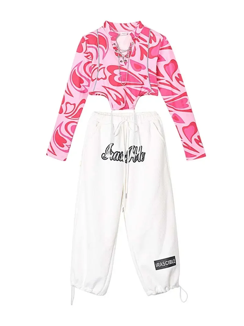 ZZL Urban Dance Mädchen Kleidung Teenager Kostüme Hip-Hop Street Dance Trainingsanzug Coole Kleidung für Kinder Hollow Dace K-Pop Rosa Weiß