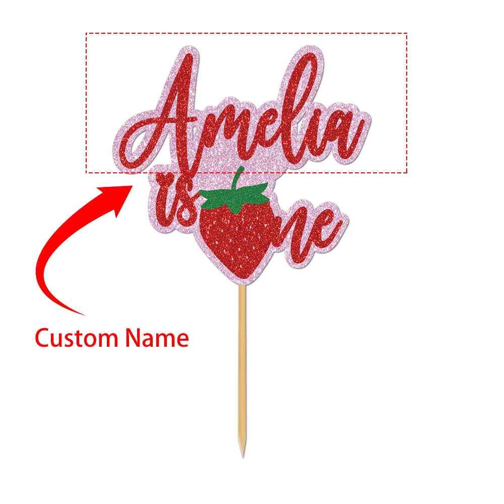 1pcs Strawberry Glitter Cupcake Toppers, Photo Face Photo Cake Picks, Sparkly Strawberry Theme Flags for Birthday