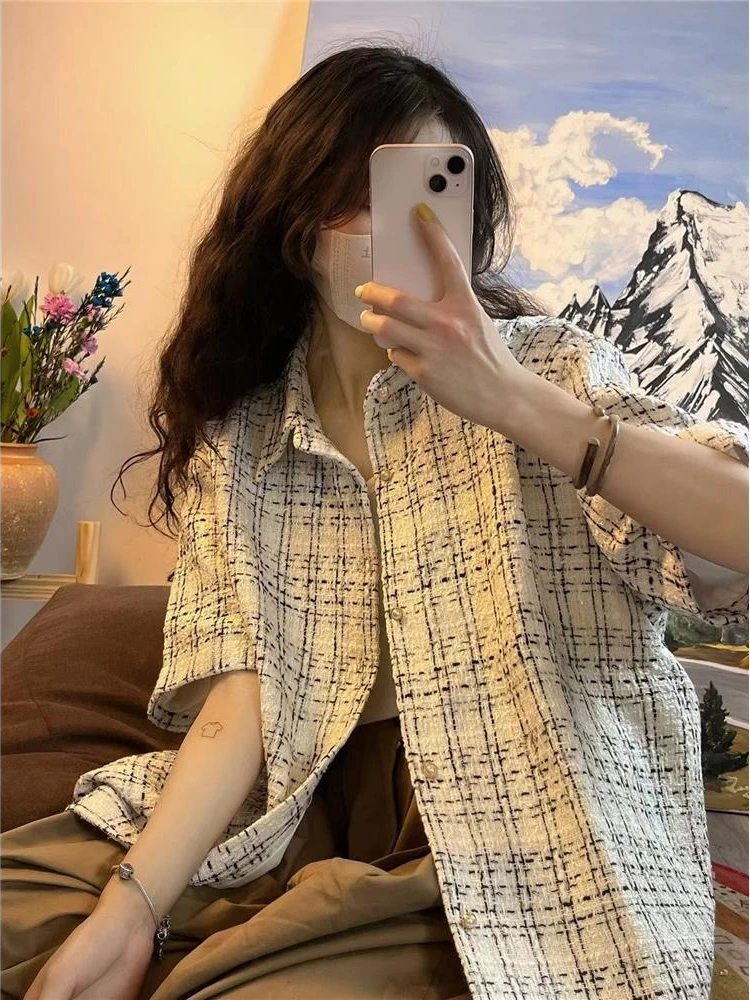 KOSAHIKI Korean Fashion Casual All Match Plaid Shirt Women Short Sleeve Loose Blouse 2024 Harajuku Streetwear Blusas Haut Femme