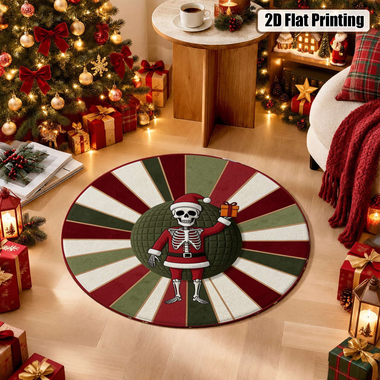 Skeleton Santa Gift Radiating Stripe Round Velvet Rug Machine Washable for Living Room Bedroom Dining Area Halloween Christmas Thanksgiving Black Friday Cyber Monday New Year