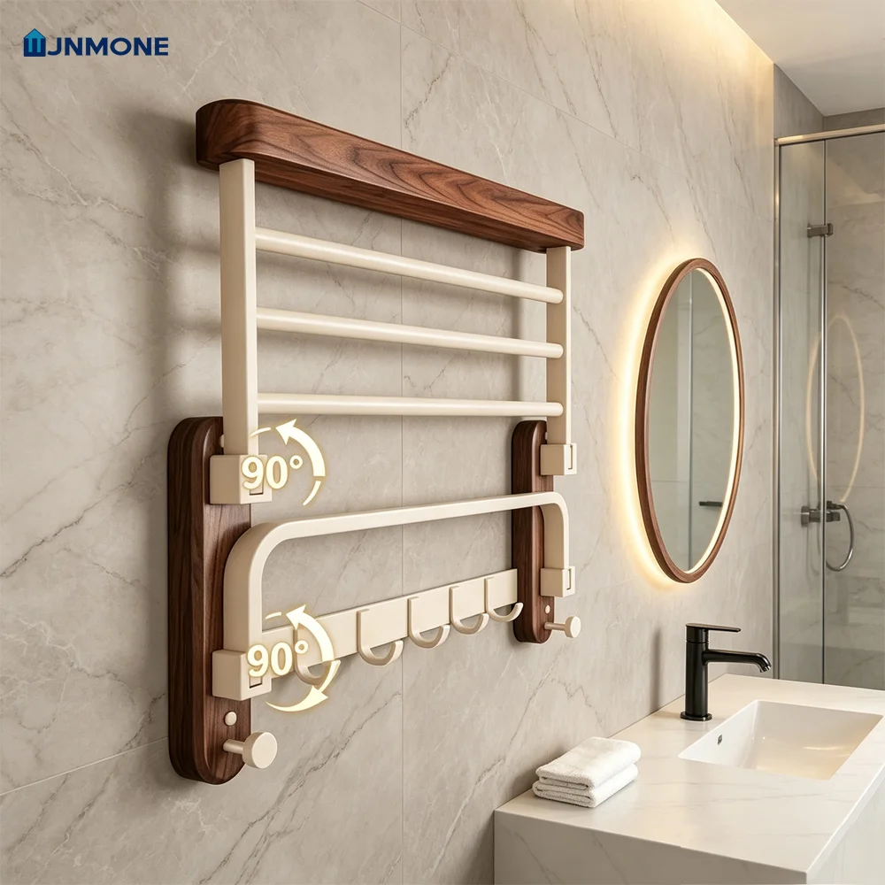 Modern Luxury Bathroom Accessories Set Walnut Wood Towel Rack Wall Mounted Bathroom Hardware Set Shelf Hooks Toilet Paper Holder