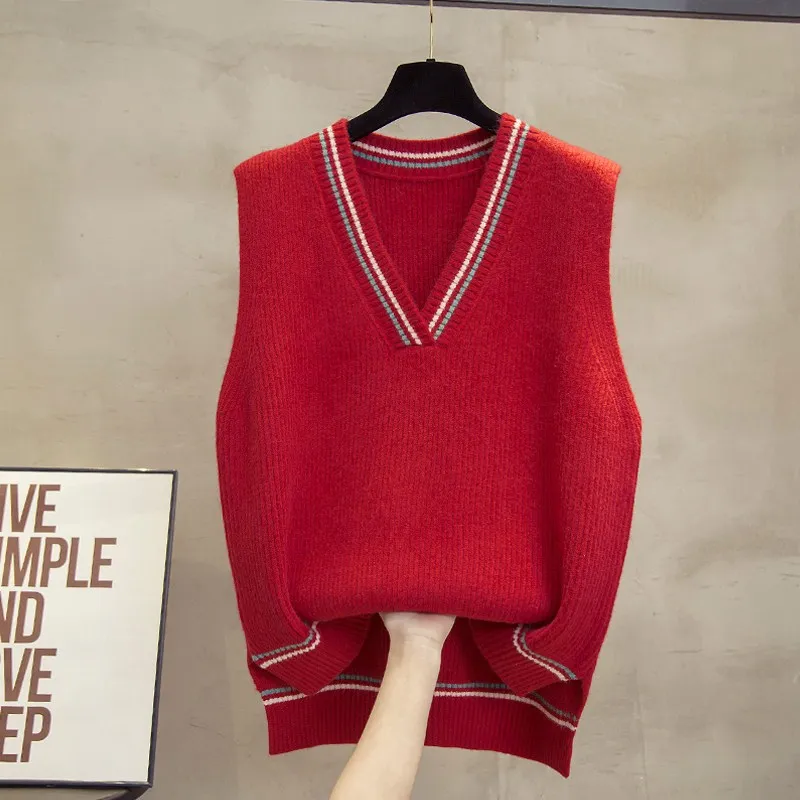 Ladies' Woolen Knitted Vest V-Neck Short Loose Outerwear Sweater Shoulder Pad Soft Large Size Spring Autumn New Style