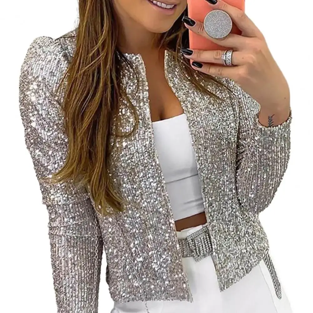 

Sequin Coat Sequin Round Neck Women's Coat Long Sleeve Open Stitch Cardigan for Commute Club Party Solid Color Lady Jacket Club