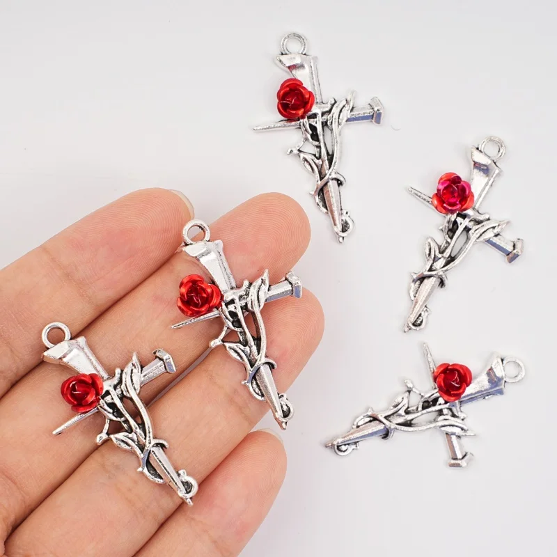 5Pcs Gothic Antique Silver Rose Cross Charm Red Flower Thorn Cross Pendant Metal DIY Jewelry Making Accessories