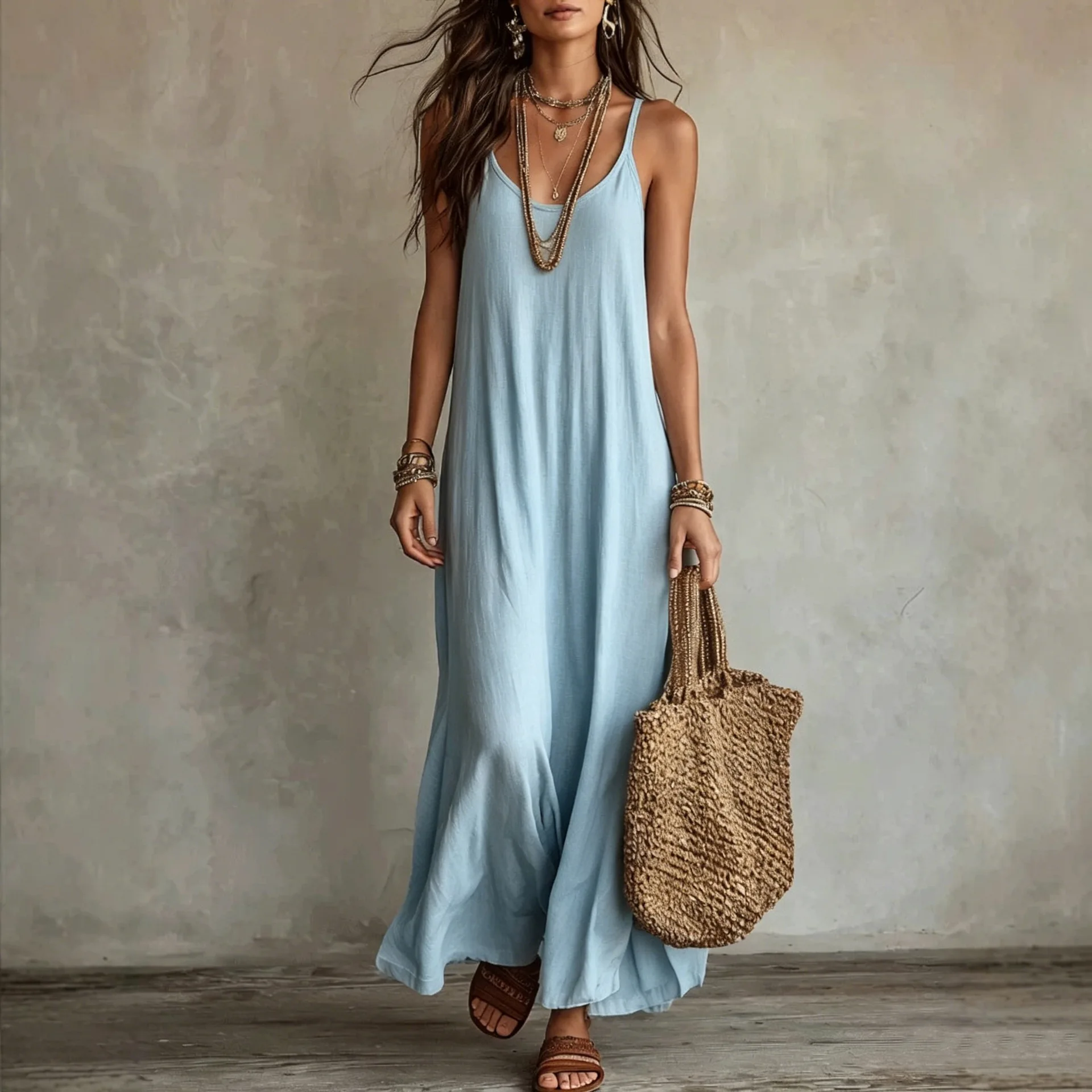 Rückenfreie Cami-Kleider Sommer Damen Boho-Kleid Spaghetti-Träger Ärmellos Lässiges Maxikleid Langes Sommerkleid Urlaubs-Strandkleidung